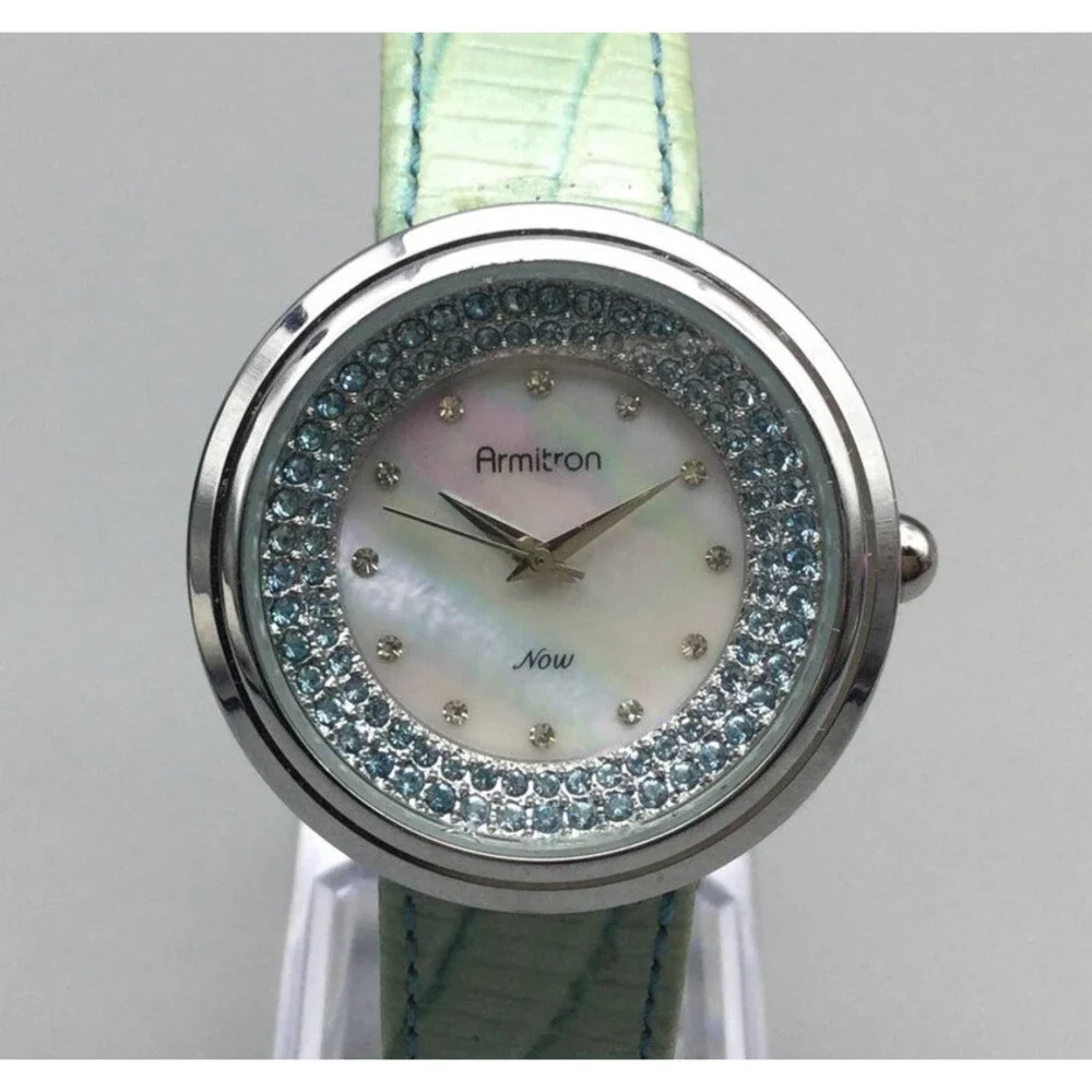 Armitron Womens Watch 35mm MOP Dial Green Leather Crystal Bezel New Battery